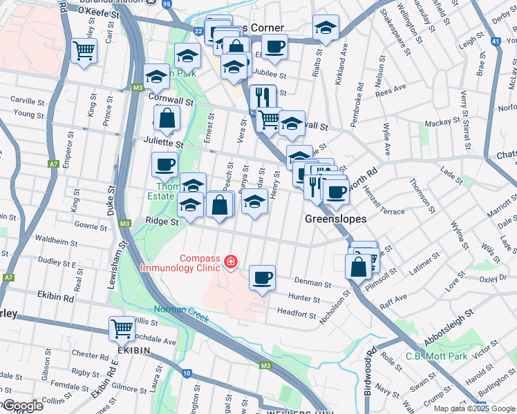 map of restaurants, bars, coffee shops, grocery stores, and more near 44 Cedar Street in Greenslopes