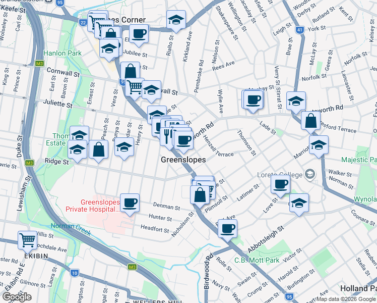 map of restaurants, bars, coffee shops, grocery stores, and more near 14 Beanga Street in Greenslopes