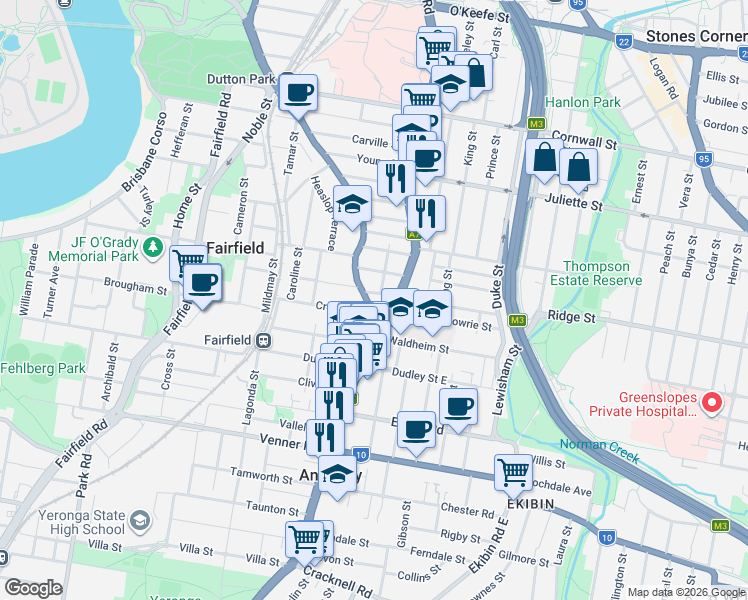 map of restaurants, bars, coffee shops, grocery stores, and more near 412 Annerley Road in Annerley