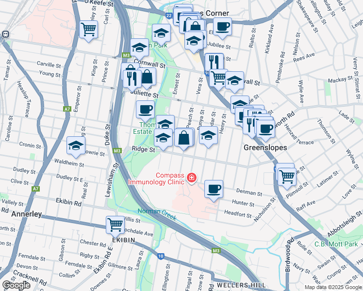 map of restaurants, bars, coffee shops, grocery stores, and more near 65 Peach Street in Greenslopes