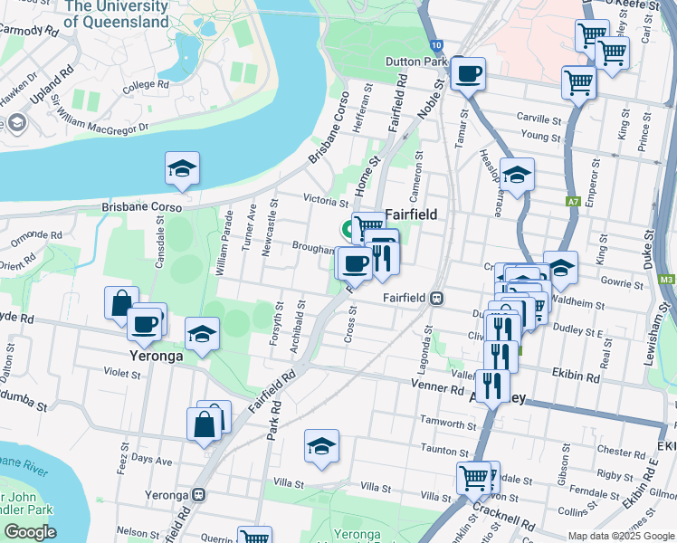 map of restaurants, bars, coffee shops, grocery stores, and more near 221 Fairfield Road in Fairfield