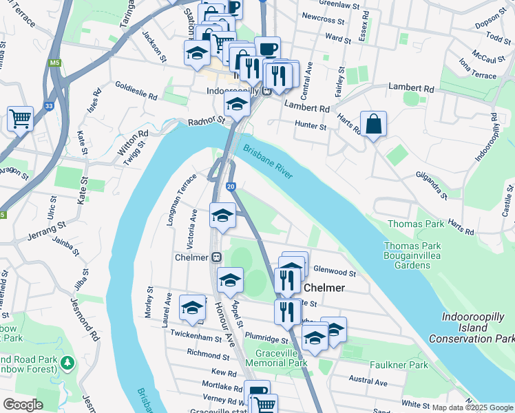 map of restaurants, bars, coffee shops, grocery stores, and more near 59 Rosebery Terrace in Chelmer