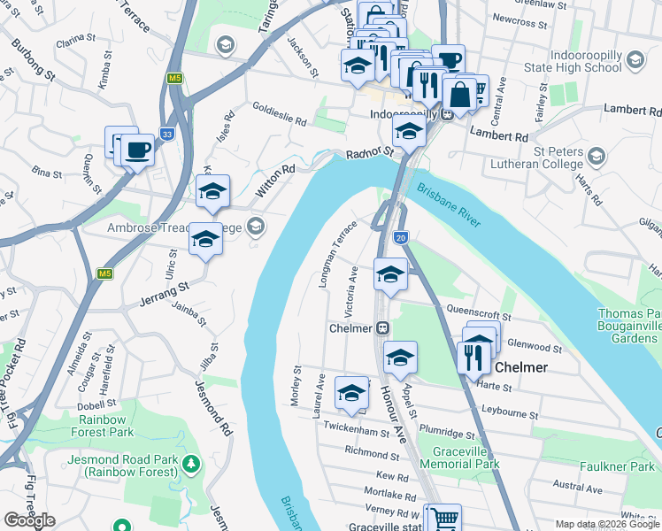 map of restaurants, bars, coffee shops, grocery stores, and more near 88 Longman Terrace in Chelmer