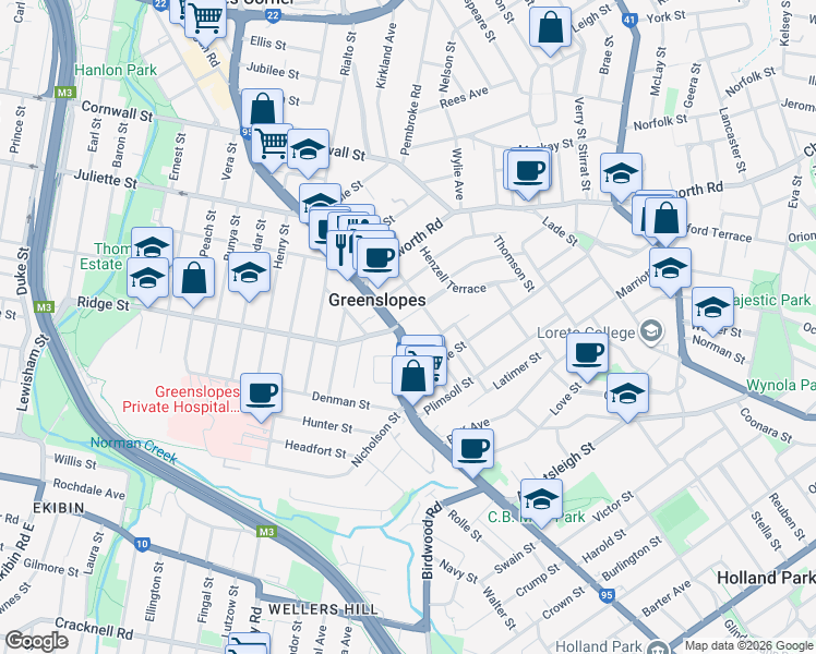 map of restaurants, bars, coffee shops, grocery stores, and more near 3 Curd Street in Greenslopes