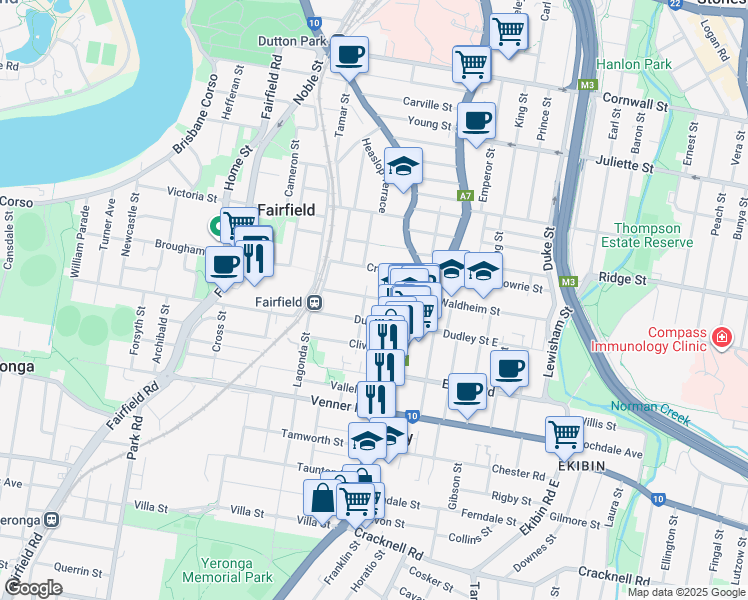 map of restaurants, bars, coffee shops, grocery stores, and more near 40 Fanny Street in Annerley
