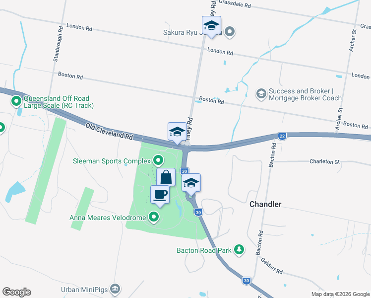 map of restaurants, bars, coffee shops, grocery stores, and more near Tilley Rd & Old Cleveland Rd in Chandler