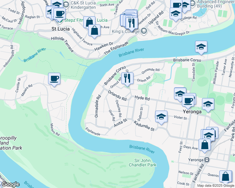 map of restaurants, bars, coffee shops, grocery stores, and more near 23 Orlando Road in Yeronga