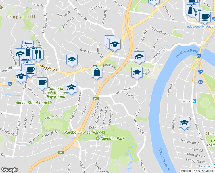 map of restaurants, bars, coffee shops, grocery stores, and more near 123 Market Street in Indooroopilly