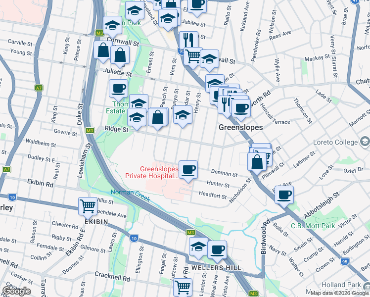 map of restaurants, bars, coffee shops, grocery stores, and more near 89 Henry Street in Greenslopes