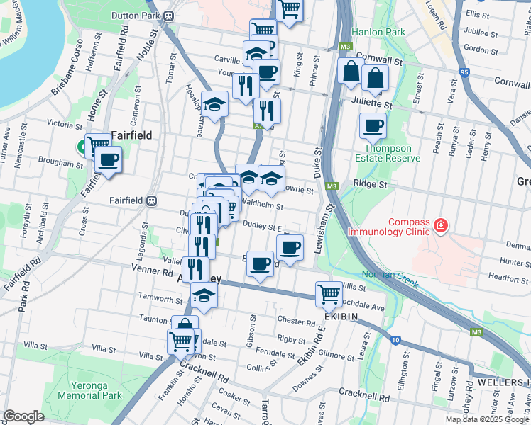 map of restaurants, bars, coffee shops, grocery stores, and more near 39 Waldheim Street in Annerley