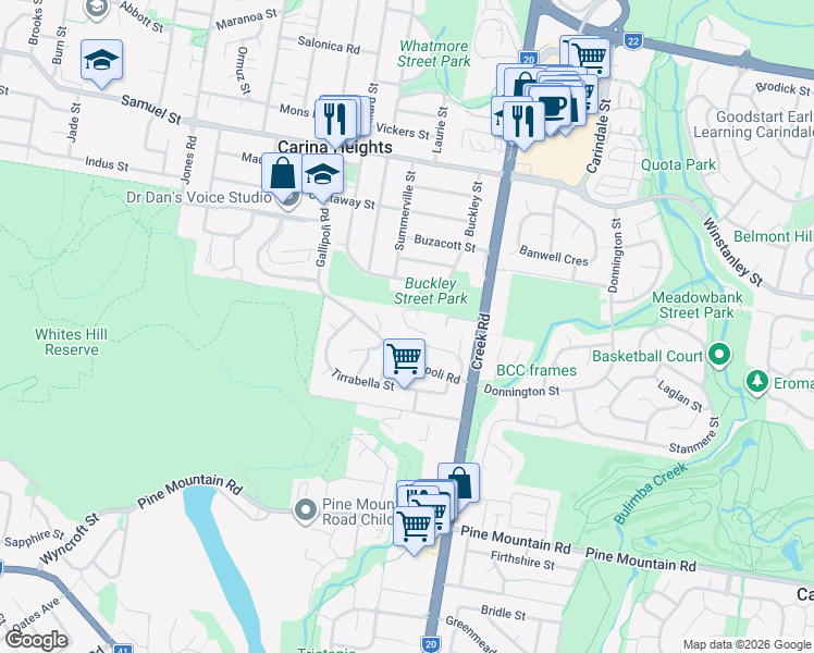 map of restaurants, bars, coffee shops, grocery stores, and more near 1 Cumberland Court in Carina Heights