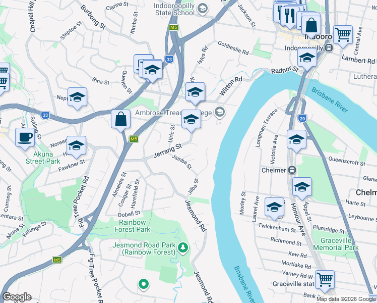 map of restaurants, bars, coffee shops, grocery stores, and more near 10 Brinkworth Place in Indooroopilly