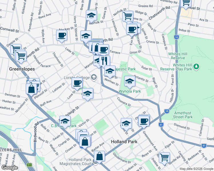 map of restaurants, bars, coffee shops, grocery stores, and more near 464 Cavendish Road in Coorparoo