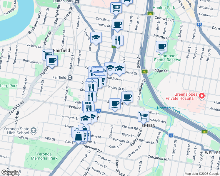 map of restaurants, bars, coffee shops, grocery stores, and more near 62 Lothian Street in Annerley