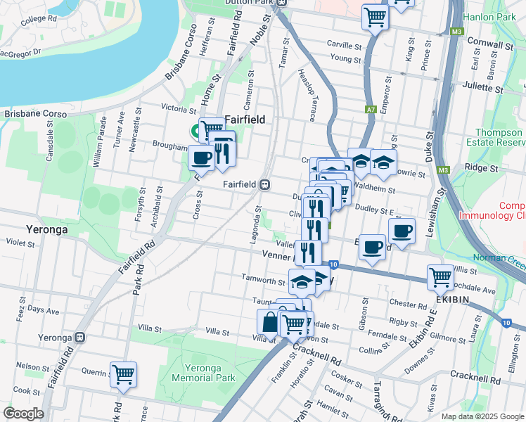 map of restaurants, bars, coffee shops, grocery stores, and more near 22 Lagonda Street in Annerley