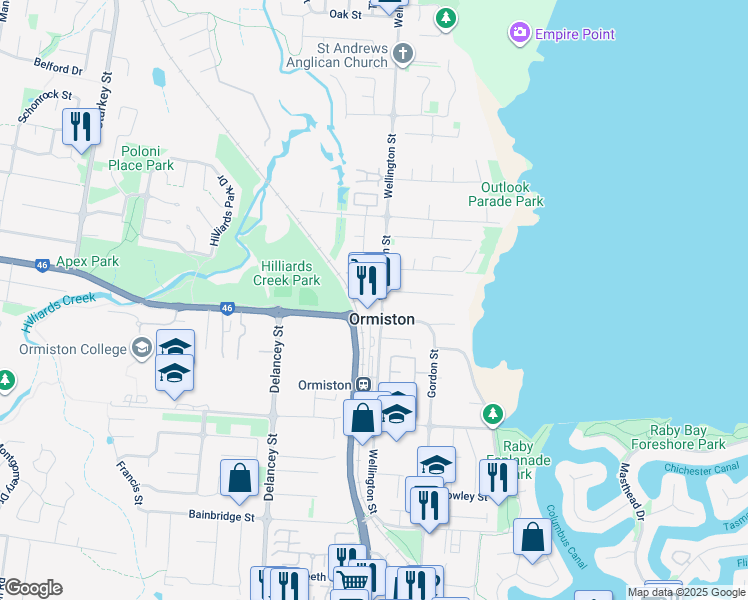map of restaurants, bars, coffee shops, grocery stores, and more near 116 Wellington Street in Ormiston