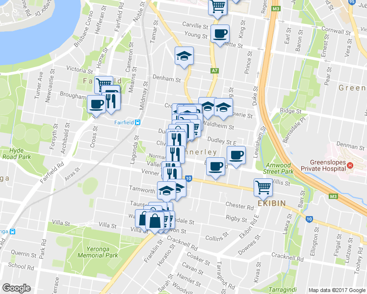 map of restaurants, bars, coffee shops, grocery stores, and more near 8 Clive Street in Annerley
