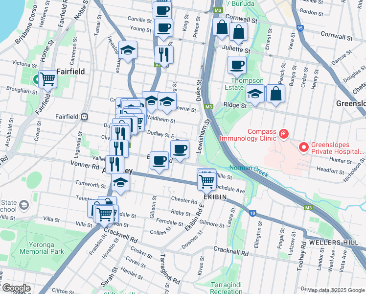 map of restaurants, bars, coffee shops, grocery stores, and more near 56 Gustavson Street in Annerley