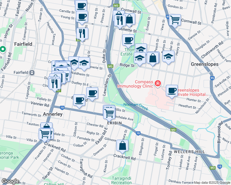 map of restaurants, bars, coffee shops, grocery stores, and more near 24 Arnwood Place in Annerley