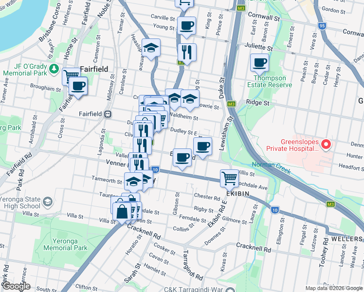 map of restaurants, bars, coffee shops, grocery stores, and more near 44 Bower Street in Annerley