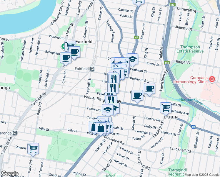 map of restaurants, bars, coffee shops, grocery stores, and more near 11 Norman Street in Annerley