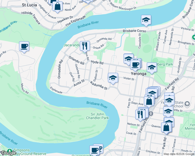 map of restaurants, bars, coffee shops, grocery stores, and more near 4 Grounds Street in Yeronga