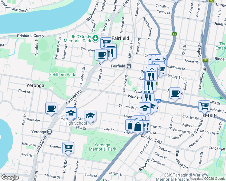 map of restaurants, bars, coffee shops, grocery stores, and more near 1 Nalder Street in Annerley