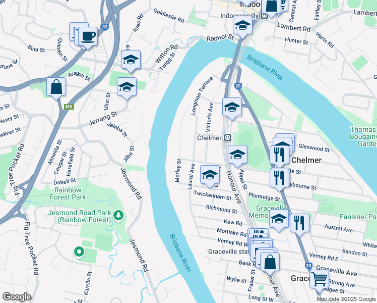 map of restaurants, bars, coffee shops, grocery stores, and more near 63 Laurel Avenue in Chelmer