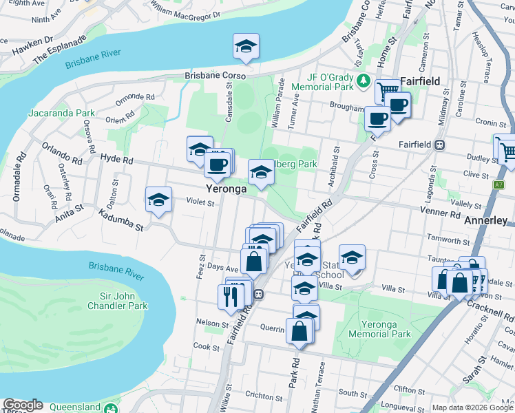 map of restaurants, bars, coffee shops, grocery stores, and more near 8 Manson Parade in Yeronga