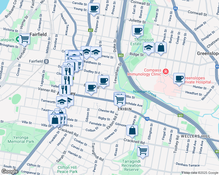 map of restaurants, bars, coffee shops, grocery stores, and more near 110 Ekibin Road in Annerley