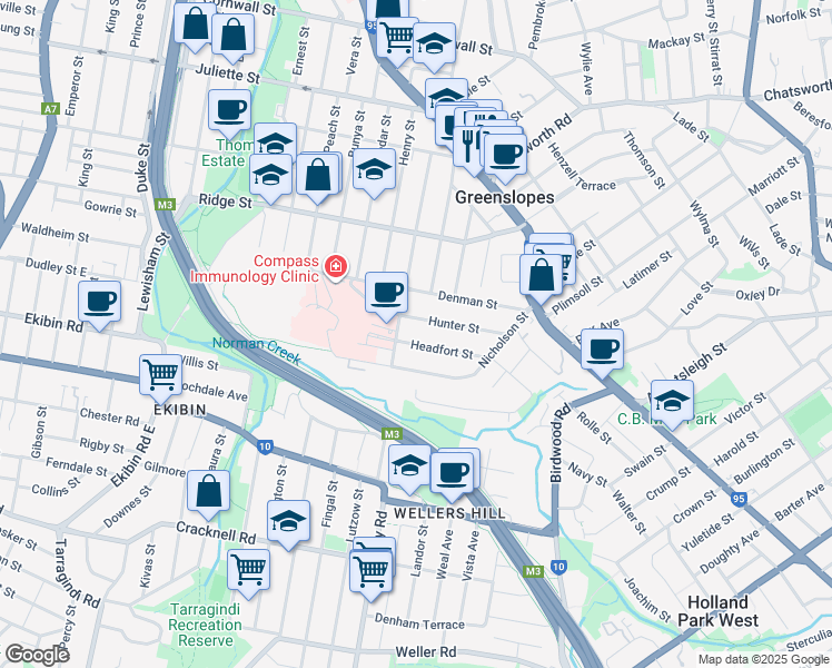 map of restaurants, bars, coffee shops, grocery stores, and more near 49 Headfort Street in Greenslopes