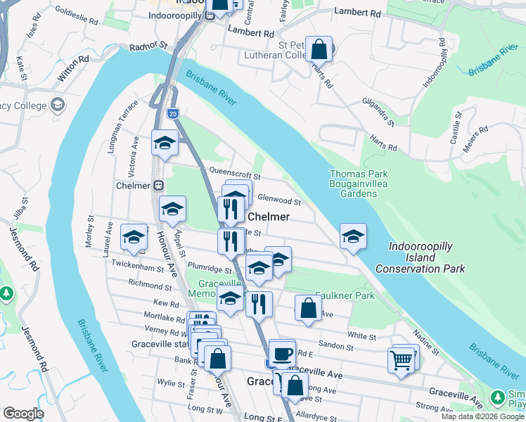 map of restaurants, bars, coffee shops, grocery stores, and more near 60 Hargreaves Avenue in Chelmer