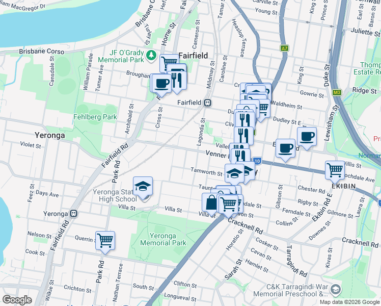 map of restaurants, bars, coffee shops, grocery stores, and more near 82 Venner Road in Annerley