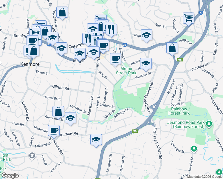 map of restaurants, bars, coffee shops, grocery stores, and more near 81 Akuna Street in Kenmore