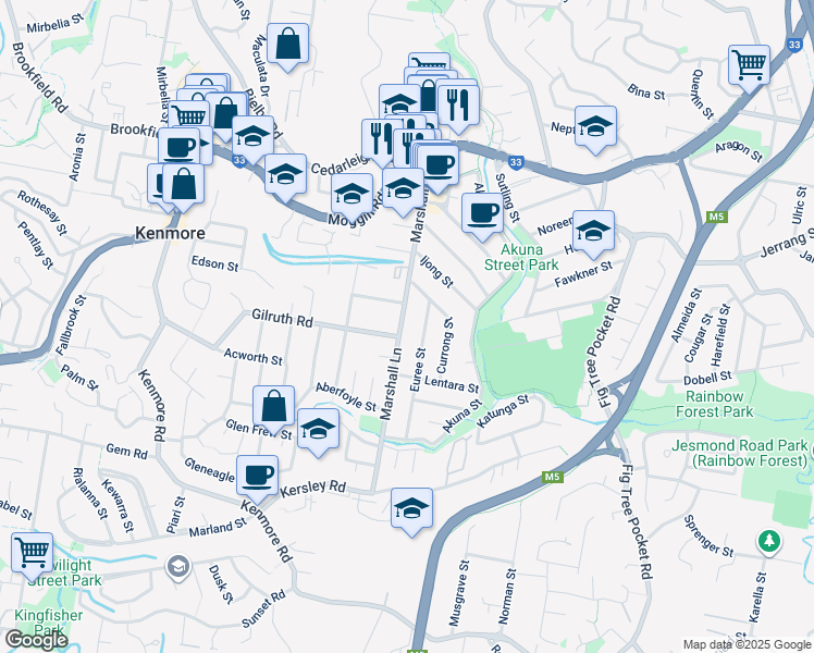 map of restaurants, bars, coffee shops, grocery stores, and more near 78 Marshall Lane in Kenmore