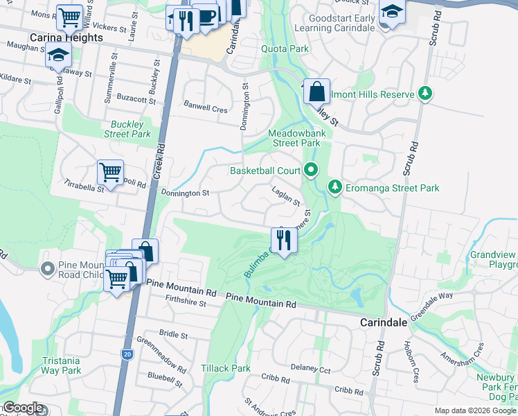map of restaurants, bars, coffee shops, grocery stores, and more near 34 Breadalbane Street in Carindale