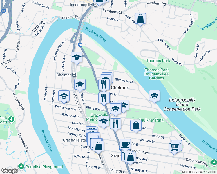 map of restaurants, bars, coffee shops, grocery stores, and more near 11 Parker Street in Chelmer