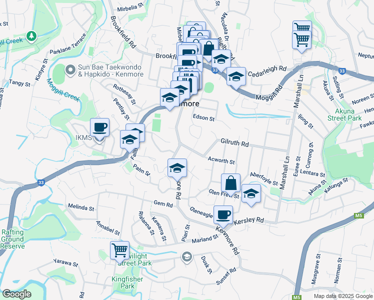 map of restaurants, bars, coffee shops, grocery stores, and more near 5 Gilruth Road in Kenmore