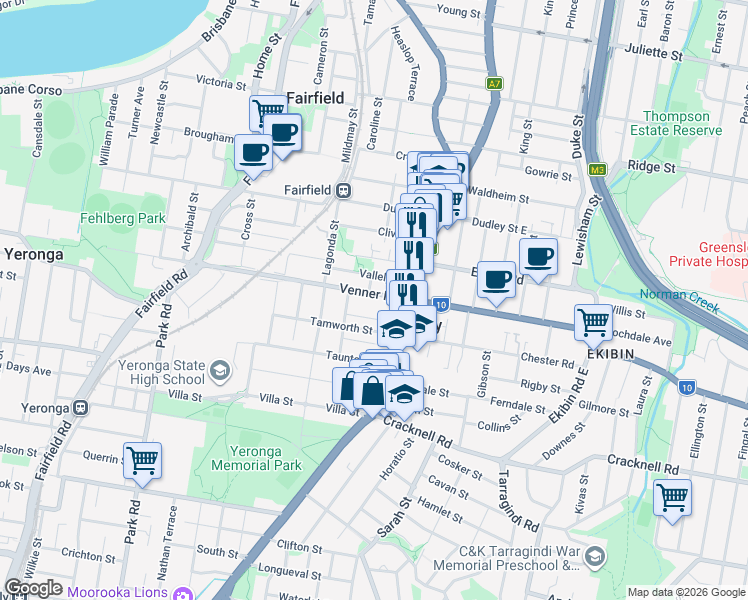 map of restaurants, bars, coffee shops, grocery stores, and more near 28 Venner Road in Annerley