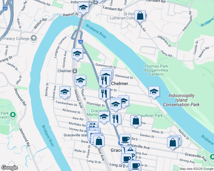 map of restaurants, bars, coffee shops, grocery stores, and more near Parker Street in Chelmer