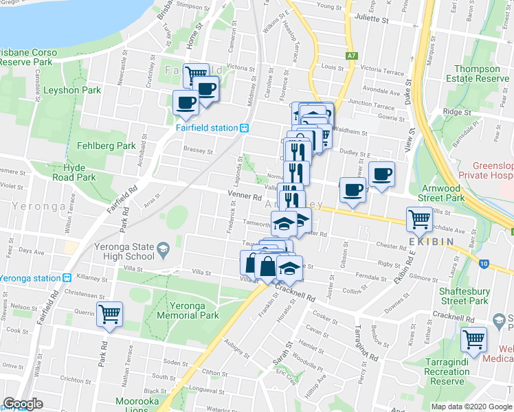 map of restaurants, bars, coffee shops, grocery stores, and more near 42 Venner Road in Annerley