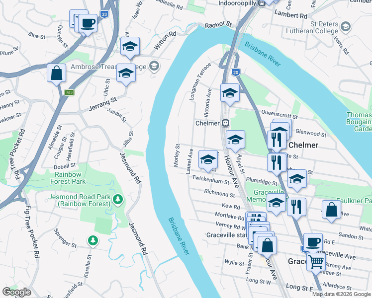 map of restaurants, bars, coffee shops, grocery stores, and more near 85 Laurel Avenue in Chelmer