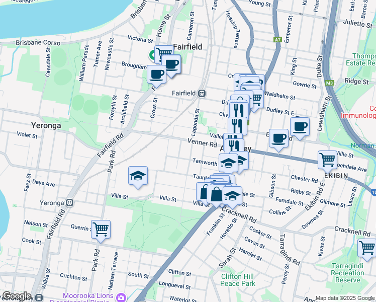 map of restaurants, bars, coffee shops, grocery stores, and more near 17 Frederick Street in Annerley