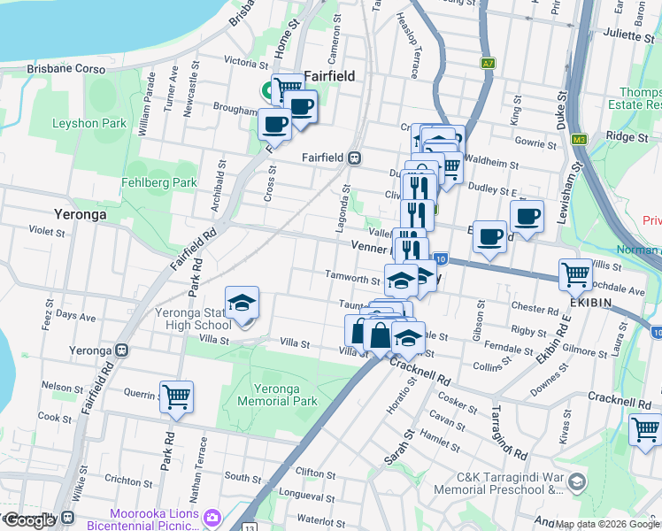 map of restaurants, bars, coffee shops, grocery stores, and more near 23 Frederick Street in Annerley