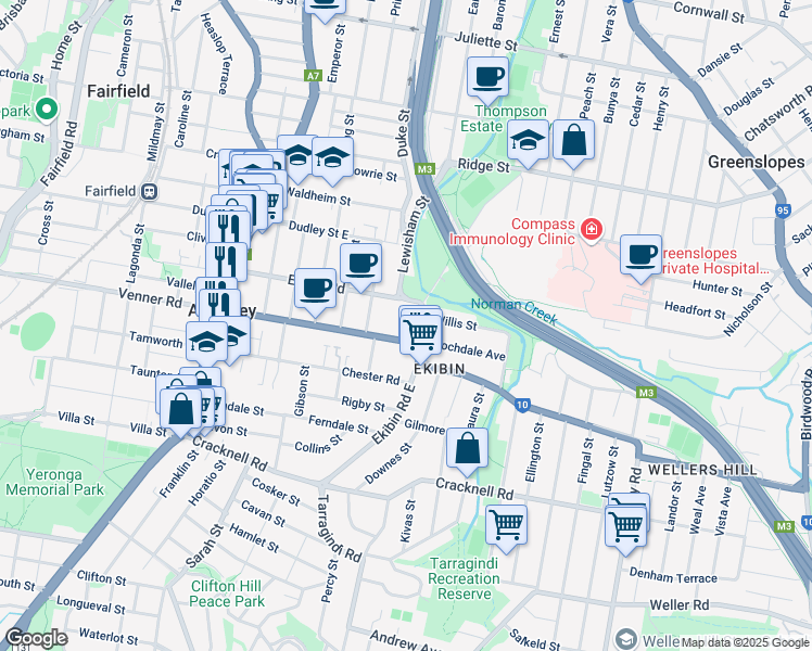 map of restaurants, bars, coffee shops, grocery stores, and more near 136 Waterton Street in Annerley