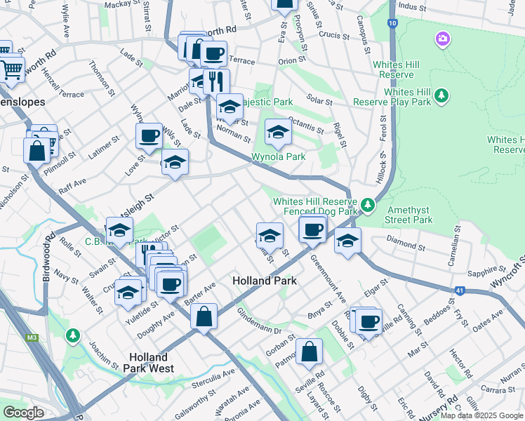 map of restaurants, bars, coffee shops, grocery stores, and more near 46 Reuben Street in Holland Park