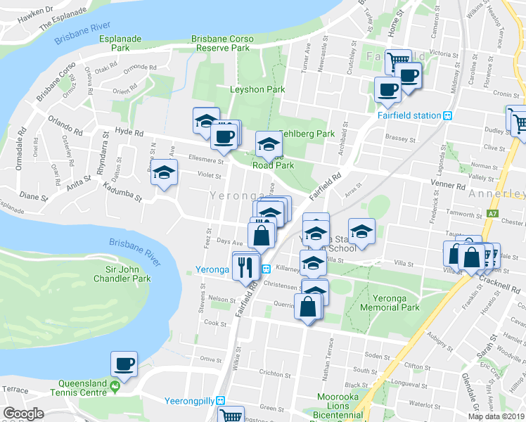 map of restaurants, bars, coffee shops, grocery stores, and more near 41 Wilton Terrace in Yeronga