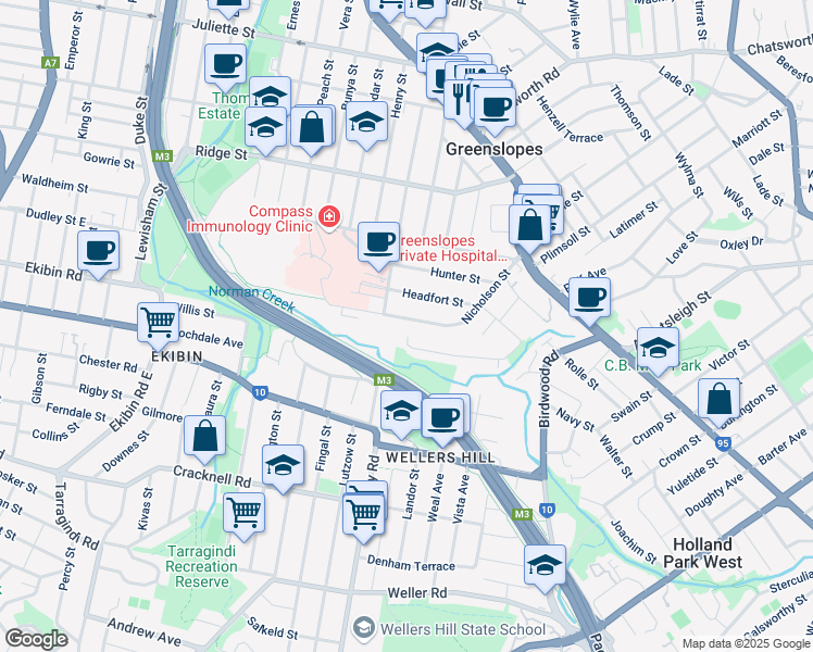 map of restaurants, bars, coffee shops, grocery stores, and more near 78 Nicholson Street in Greenslopes
