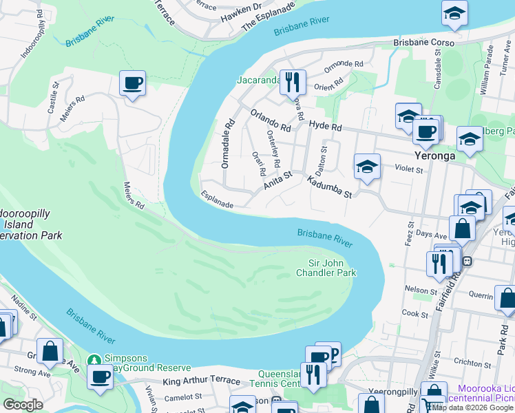 map of restaurants, bars, coffee shops, grocery stores, and more near 23 Heritage Close in Yeronga