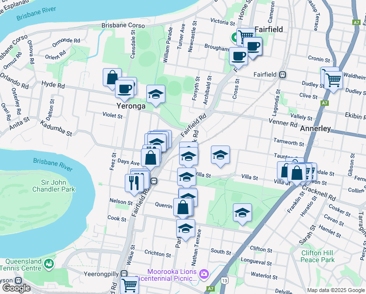 map of restaurants, bars, coffee shops, grocery stores, and more near 11 Ovendean Street in Yeronga